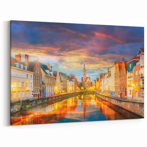 Belgium Canvas Art - Sunset Over Bruges Canal Belgium Travel Art