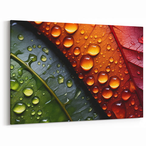 Raindrop Green and Red Leaf Wall Art: Vibrant Nature-Inspired Canvas Print