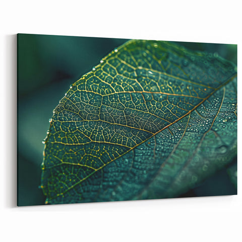 Dew-Covered Green Leaf Wall Art: Nature-Inspired Botanical Canvas Prints