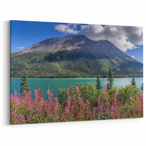 Floral Shores of Yukon - Vibrant Mountain Lake Canvas