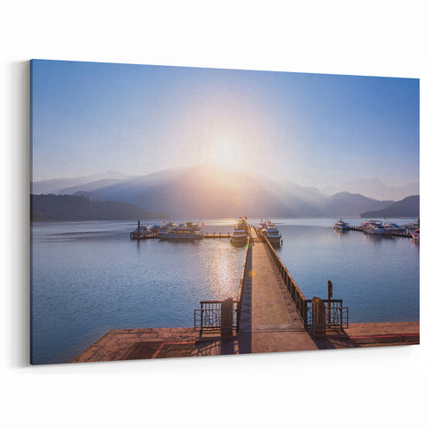 Golden Sunrise at Taiwan Lake Pier - Peaceful Morning Wall Art Print
