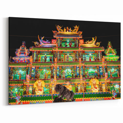 Vibrant Festival Lights at Taiwan Temple - Colorful Night Wall Art Print