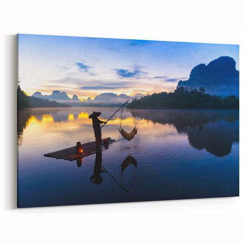 Thai Scenery Prints - Dawn Fishing Silhouette Canvas Art