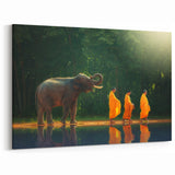 Thai Elephant and Monks - Serene Morning Walk Canvas Print