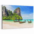 Thai Beach Canvas - Traditional Boats and Limestone Cliffs Art Print