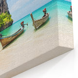 Thai Beach Canvas - Traditional Boats and Limestone Cliffs Art Print