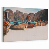 Thai Traditional Boats - Limestone Cliffs Beach Canvas Print