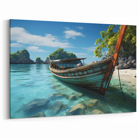 Old Thai Boat on Tranquil Beach - Tropical Canvas Art