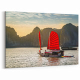 Vibrant Halong Bay Voyage - Vietnam Red Sailboat Wall Art Print