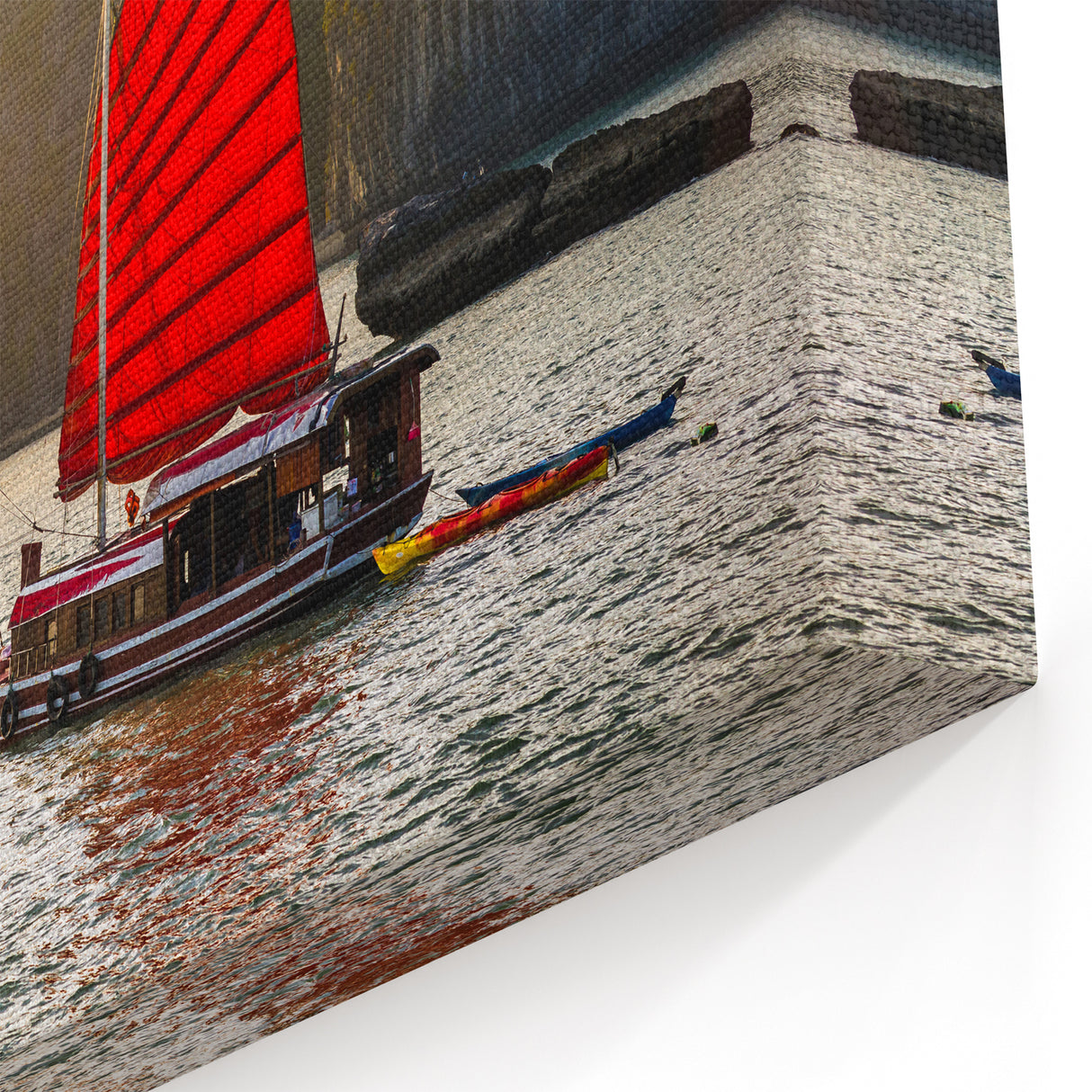 Vibrant Halong Bay Voyage - Vietnam Red Sailboat Wall Art Print