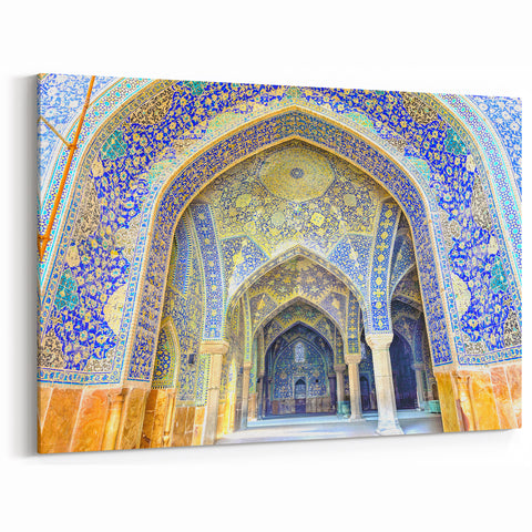 Iranian Landscape Art - Persian Mosque Tile Design with Gold Accents