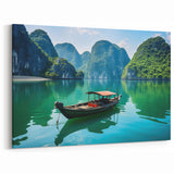Serene Halong Bay - Traditional Boat in Calm Waters Art