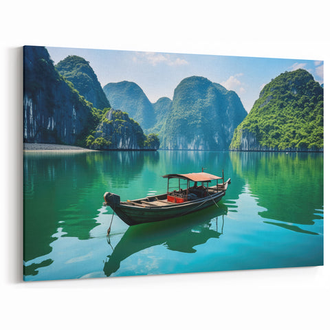 Serene Halong Bay - Traditional Boat in Calm Waters Art