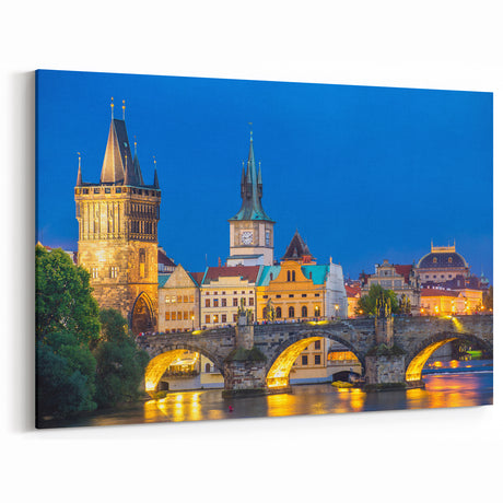Czech Architecture Decor – Prague Canvas Prints of Charles Bridge at Night