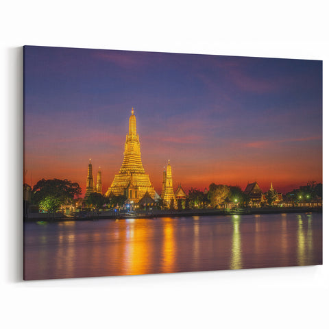 Bangkok Temple at Sunset - Reflective Water Canvas Art