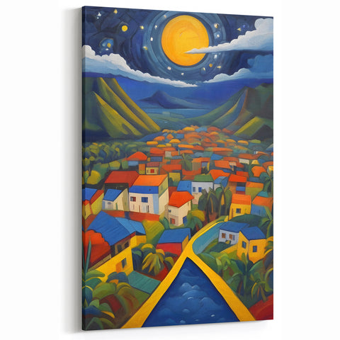 Caribbean Scenery Art - Saint Lucia Colorful Village Night Scene