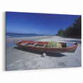 Serene Roatan Beach Scene - Red Boat Coastal Wall Art