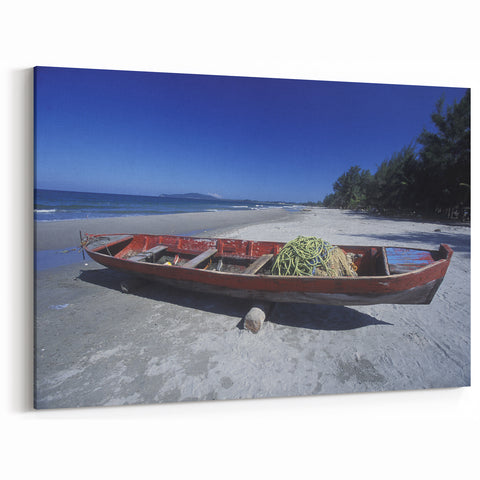 Serene Roatan Beach Scene - Red Boat Coastal Wall Art