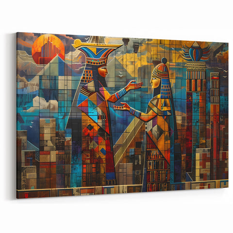 Mesopotamian Embrace – Vibrant Ancient Figures Geometric Wall Art
