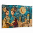 Moonlit Scholars – Geometric Mesopotamian Art with Crescent Moon