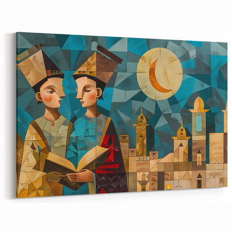 Moonlit Scholars – Geometric Mesopotamian Art with Crescent Moon