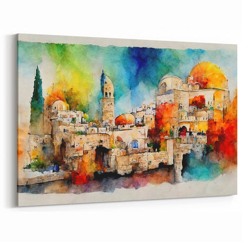 Middle Eastern Art – Watercolor Jerusalem Cityscape, Holy Land Art Print