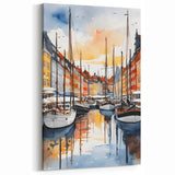 Danish Art Prints - Watercolor Harbor Scene with Colorful Boats in Copenhagen