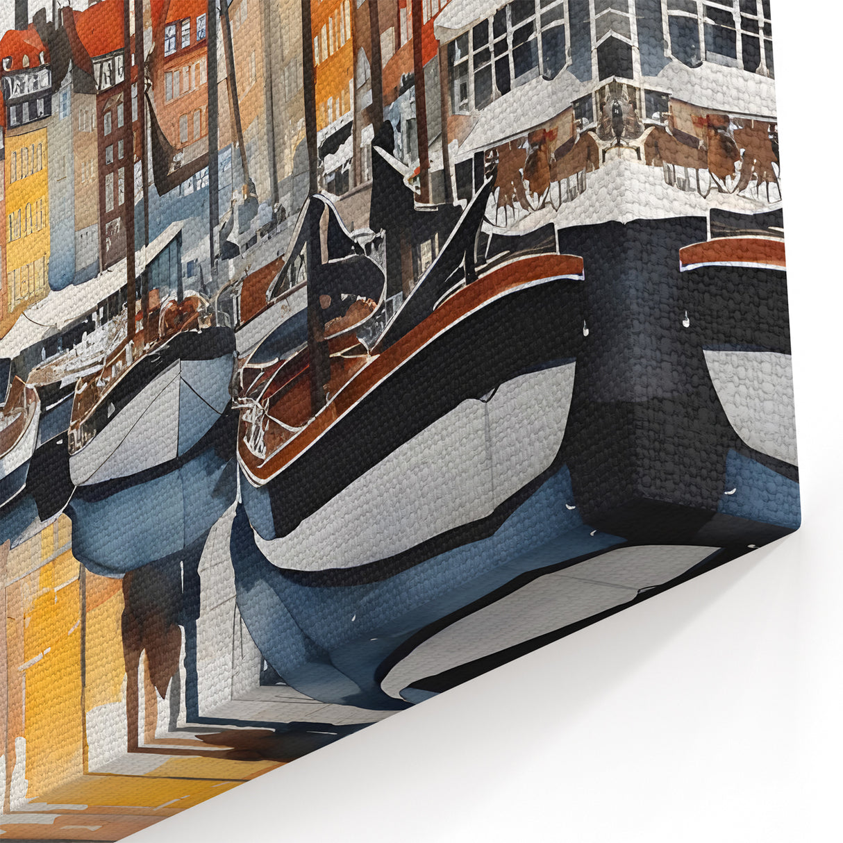 Danish Art Prints - Watercolor Harbor Scene with Colorful Boats in Copenhagen
