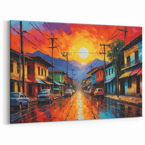 Colombian Street Art - Vibrant Cityscape Sunset Canvas South America Decor