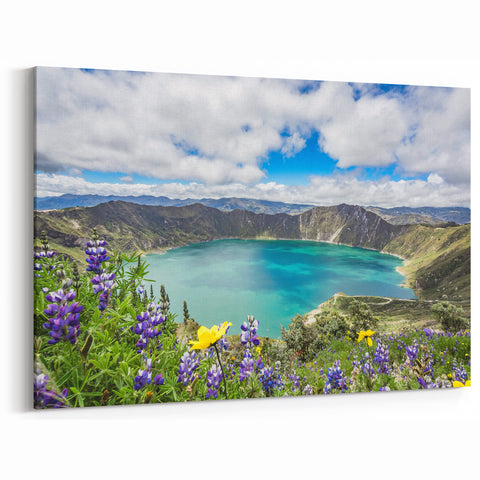 Ecuador Wall Art - Quilotoa Crater Lake with Wildflowers Scenic Print