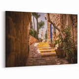 Jerusalem Cityscape Canvas - Sunlit Stone Stairway and Historic Tower