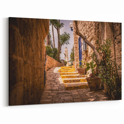 Jerusalem Cityscape Canvas - Sunlit Stone Stairway and Historic Tower