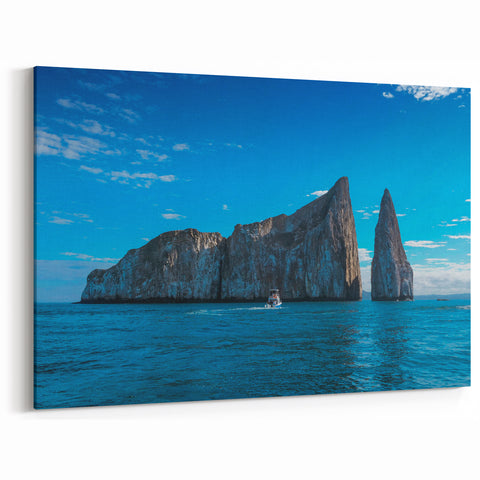 Galapagos Islands Photography - Boat and Rock Formations Scenic Wall Art