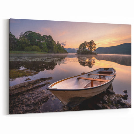 Cumbria Photography – Serene Sunrise with Boat in Lake District Scenery