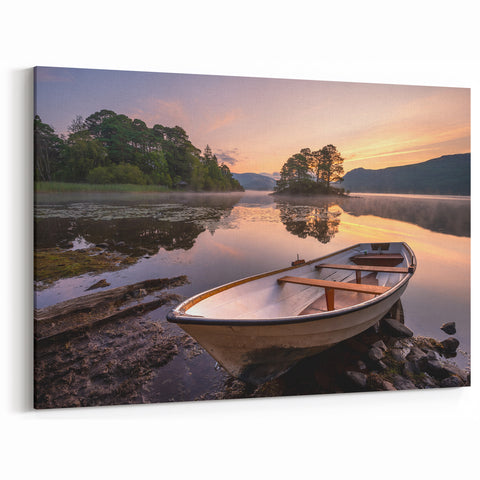 Cumbria Photography – Serene Sunrise with Boat in Lake District Scenery