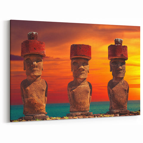 Rapa Nui Canvas Art - Moai Sculpture Prints with Sunset Glow