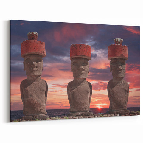 Framed Easter Island Photography - Moai Statues with Serene Sunset