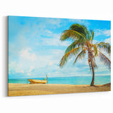 Venezuelan Landscape Prints - Tropical Beach with Palm Tree and Boat Scene