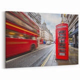 London Street Art Canvas - Red Bus and Telephone Box on a Busy Street
