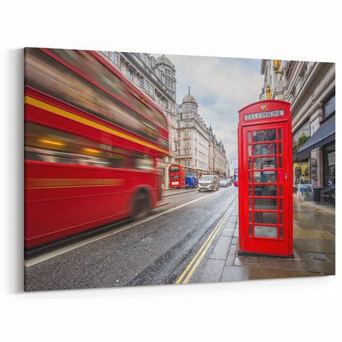 London Street Art Canvas - Red Bus and Telephone Box on a Busy Street
