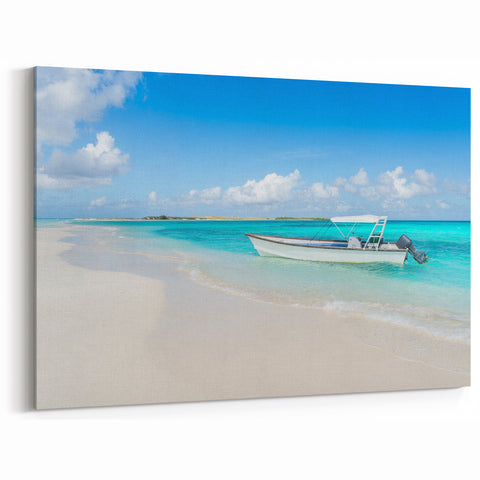 Venezuelan Landscape Prints - Serene Beach with Boat and Turquoise Waters