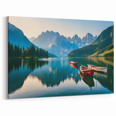 Scenic Alaska Prints - Canoes on a Serene Lake with Mountain Views
