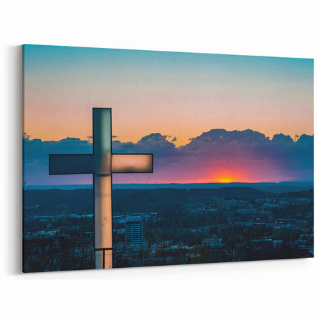 Arkansas State Posters - Sunset Over City with Cross Scenic Landscape Art