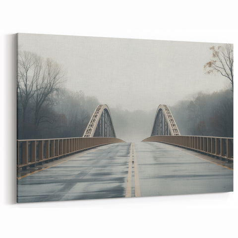 Arkansas Landscape Prints - Foggy Morning Bridge with Serene Forest View Art