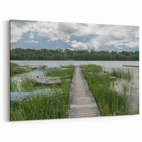 Scenic Estonia Prints – Lakeside Boardwalk with Boats and Lush Greenery