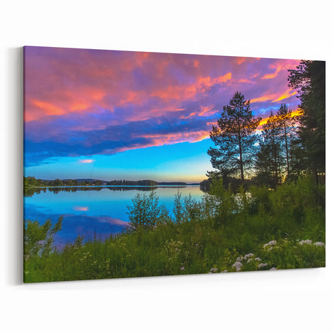Finnish Nature Canvas - Vibrant Sunset Over a Serene Lakeside Landscape