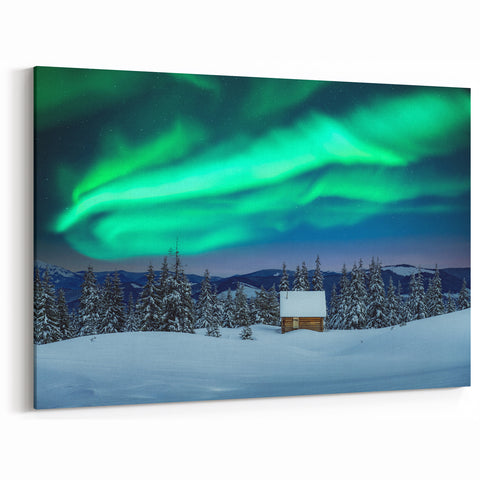 Northern Lights Artwork - Winter Wonderland with Cabin Nordic Canvas