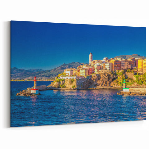 France Regional Art: Corsica - Vibrant Coastal Town with Lighthouse Print
