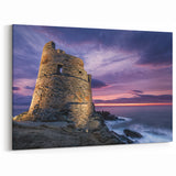 Corsican Landscape Art - Ancient Tower at Sunset over Rocky Coast Print