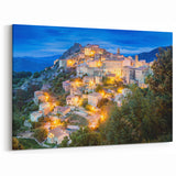 Scenic Corsica Prints - Illuminated Hilltop Village at Dusk Canvas Art